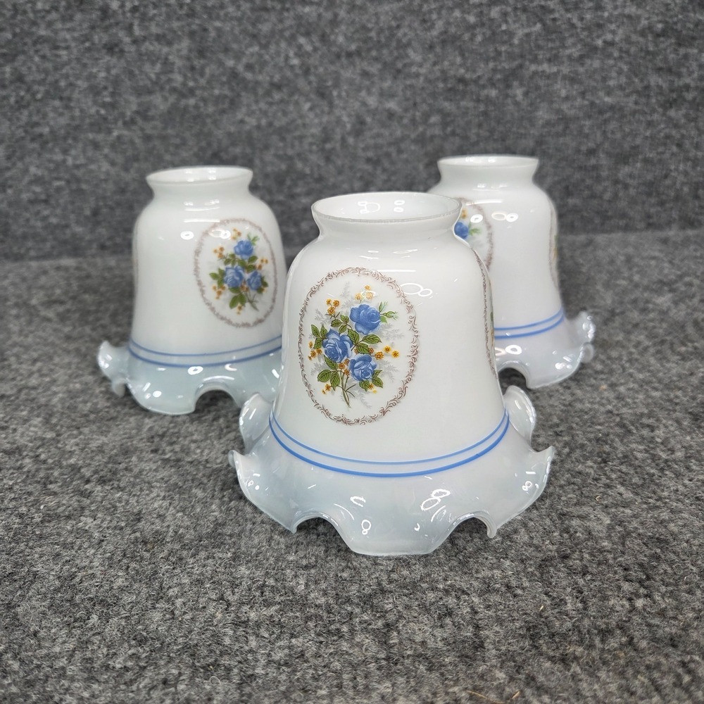 Vintage Colonial Blue Milk Glass Ceiling Fan Globe Ruffled Edge Floral Set of 3